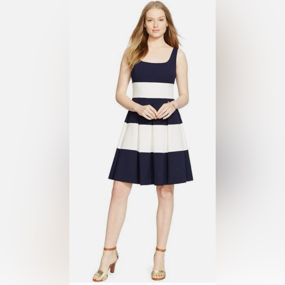 NWOT Ralph Lauren navy blue and white striped cocktail dress